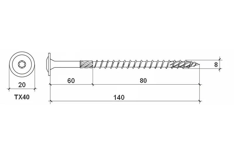 Konstrukční vrut do dřeva KLIMAS 8x140 TORX talířová hlava TX40 žlutý Zn (25 ks v balení)