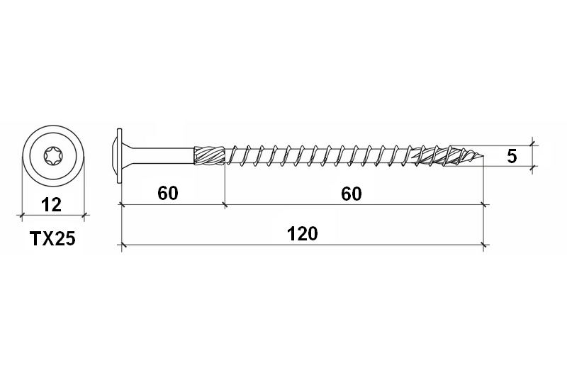 Konstrukční vrut do dřeva KLIMAS 5x120 TORX talířová hlava TX25 žlutý Zn (150 ks v balení)