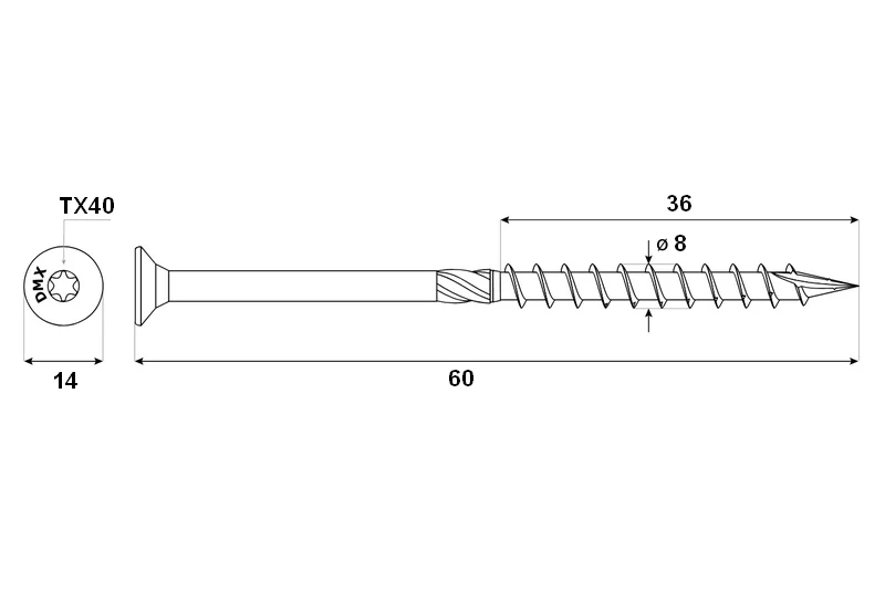 Konstrukční tesařský vrut 8x60 TORX T40 Zn ZH zápustná hlava (100 ks/bal)