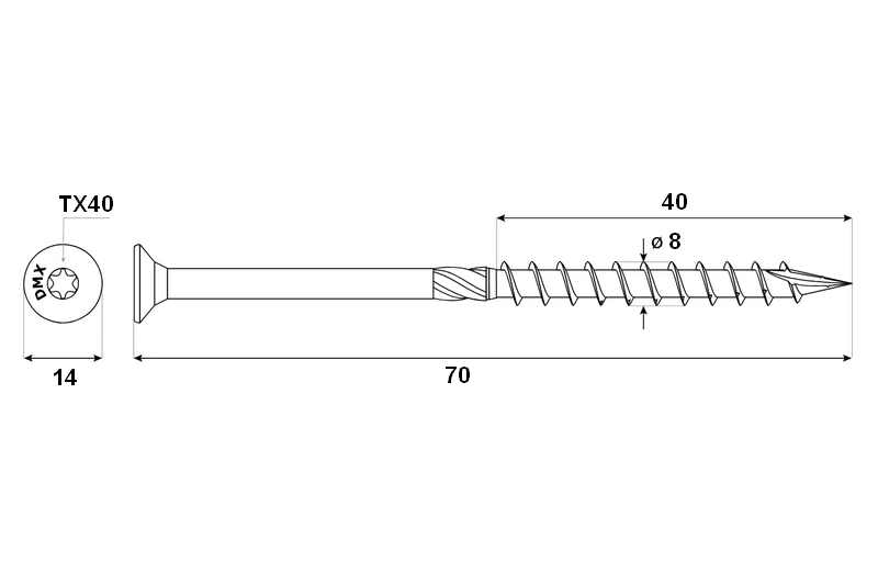 Konstrukční tesařský vrut 8x70 TORX T40 Zn ZH zápustná hlava (100 ks/bal)
