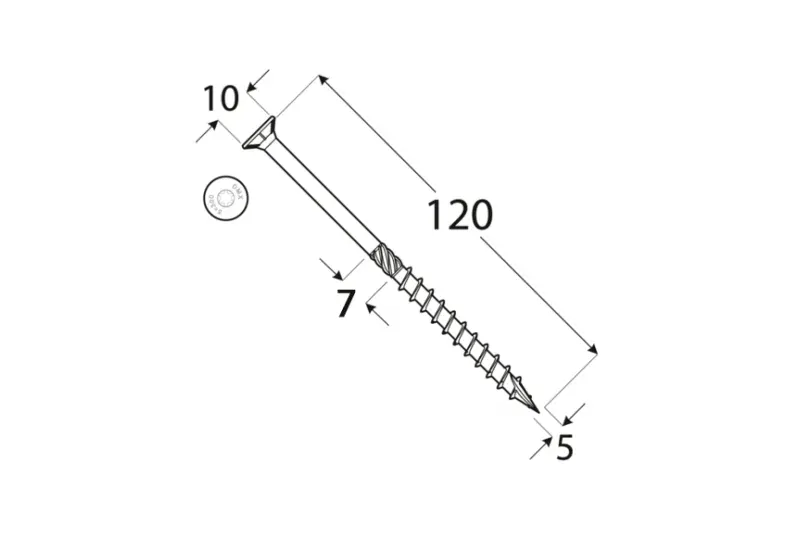 Konstrukční tesařský vrut 5x120 TORX T25 Zn ZH zápustná hlava (200 ks/bal)