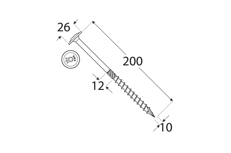 Konstrukční tesařský vrut 10x200 TORX T40 Zn TH talířová hlava (50 ks/bal)