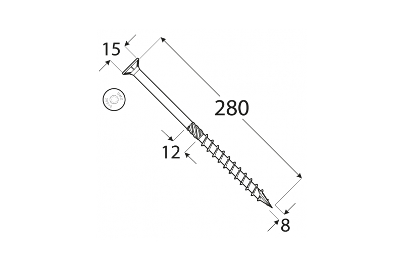 Konstrukční tesařský vrut 8x280 TORX T40 Zn ZH zápustná hlava (50 ks/bal)