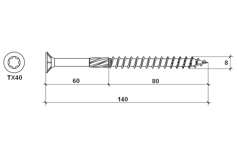 Konstrukční vrut do dřeva KLIMAS 8x140 TORX zápustná hlava TX40 žlutý Zn (50 ks v balení)