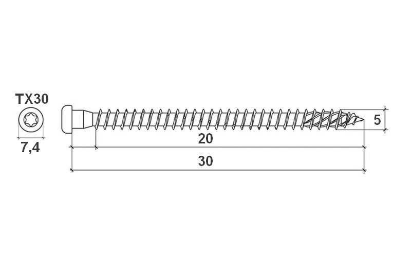 Vrut do tesařského kování 5x30 TORX T20 bílý Zn válcová hlava (250 ks/bal)