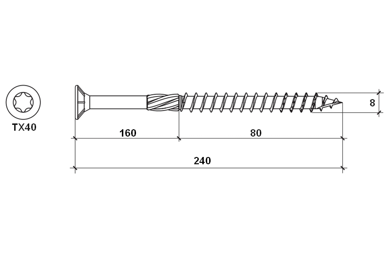 Konstrukční vrut do dřeva KLIMAS 8x240 TORX zápustná hlava TX40 žlutý Zn (50 ks v balení)