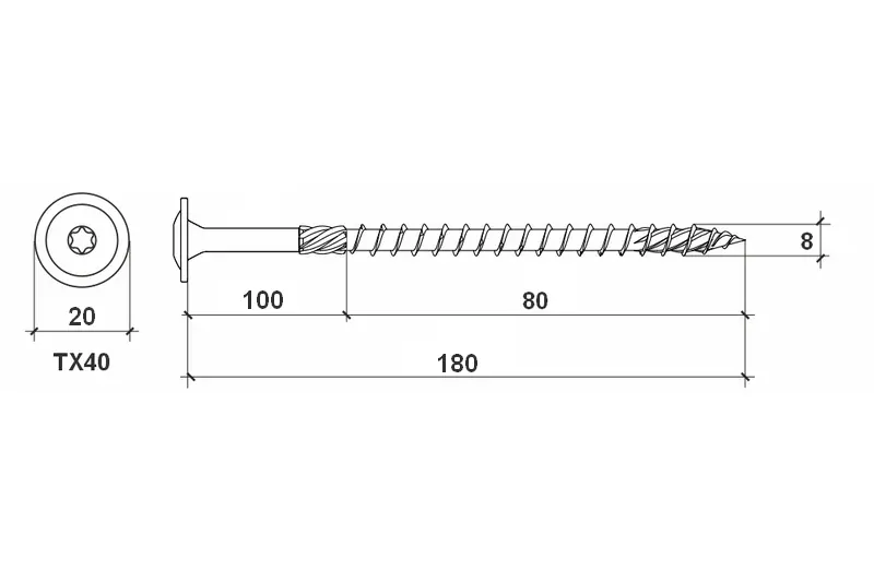 Konstrukční vrut do dřeva KLIMAS 8x180 TORX talířová hlava TX40 žlutý Zn (50 ks v balení)