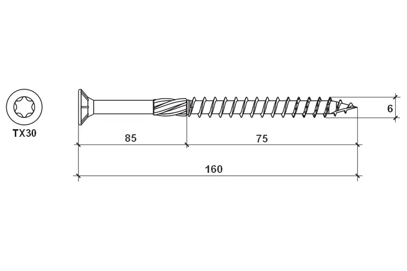 Konstrukční vrut do dřeva KLIMAS 6x160 TORX zápustná hlava TX30 žlutý Zn (100 ks v balení)