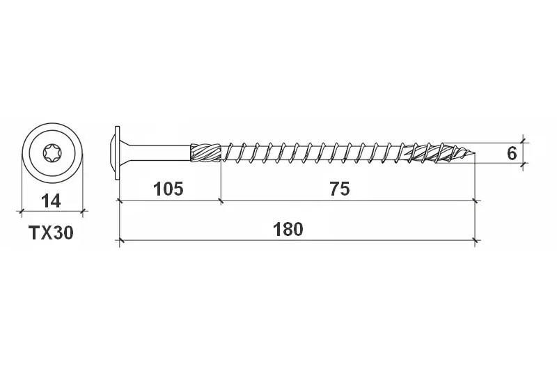 Konstrukční vrut do dřeva KLIMAS 6x180 TORX talířová hlava TX30 žlutý Zn (100 ks v balení)