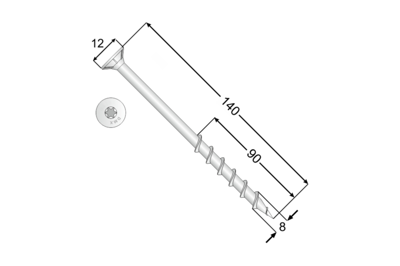 Tvrzený vrut do pórobetonu 8x140 TORX T30 bílý Zn ZH zápustná hlava (50 ks/bal)