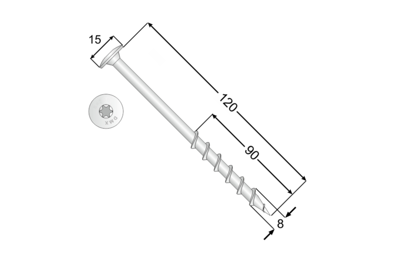 Tvrzený vrut do pórobetonu 8x120 TORX T30 bílý Zn TH talířová hlava (50 ks/bal)