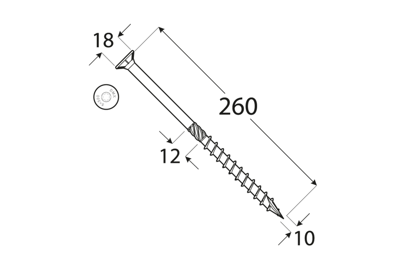 Konstrukční tesařský vrut 10x260 TORX T40 Zn ZH zápustná hlava (50 ks/bal)