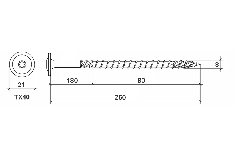 Konstrukční vrut do dřeva KLIMAS 8x260 TORX talířová hlava TX40 žlutý Zn (50 ks v balení)