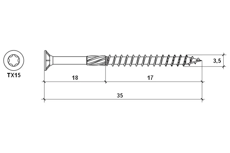 Konstrukční vrut do dřeva KLIMAS 3,5x35 TORX zápustná hlava TX15 žlutý Zn (500 ks v balení)