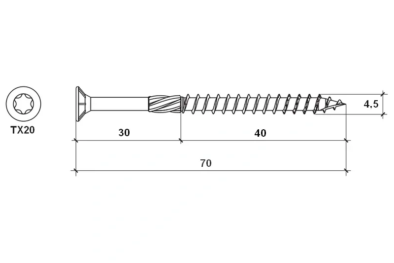 Konstrukční vrut do dřeva KLIMAS 4,5x70 TORX zápustná hlava TX20 žlutý Zn (250 ks v balení)