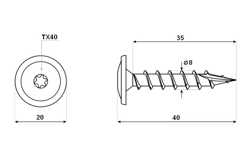 Tesařský vrut do zahradní architektury 8x40 TORX T40 stříbrný Zn talířová hlava (100 ks/bal)