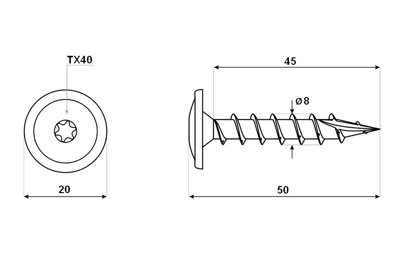 Tesařský vrut do zahradní architektury 8x50 TORX T40 stříbrný Zn talířová hlava (100 ks/bal)