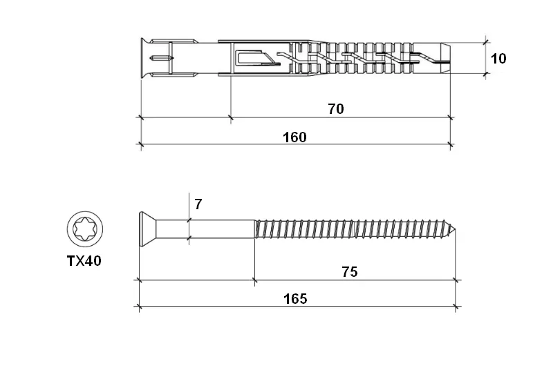 Vrut do betonu 7x165 mm TORX T40 ZH s rámovou hmoždinkou 10x160 mm se zápustným límcem (25 ks/bal)