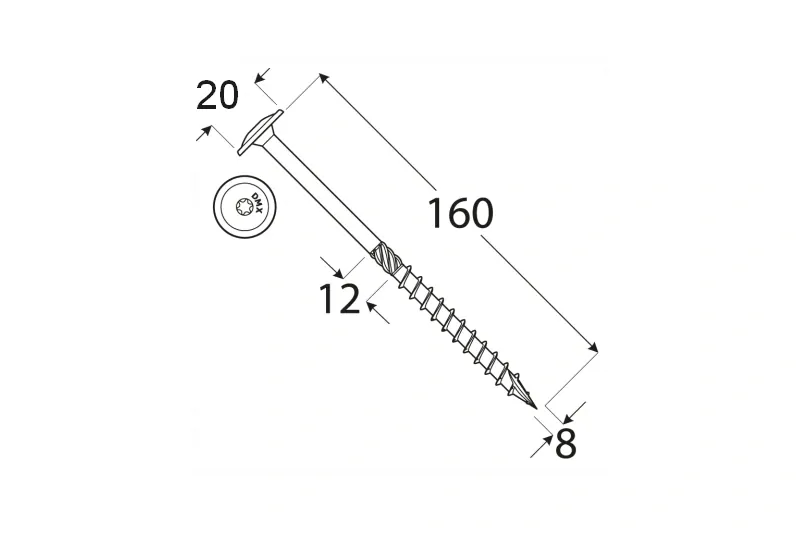 Konstrukční tesařský vrut BÍLÝ zinek 8x160 TORX T40 Zn TH talířová hlava (50 ks/bal)