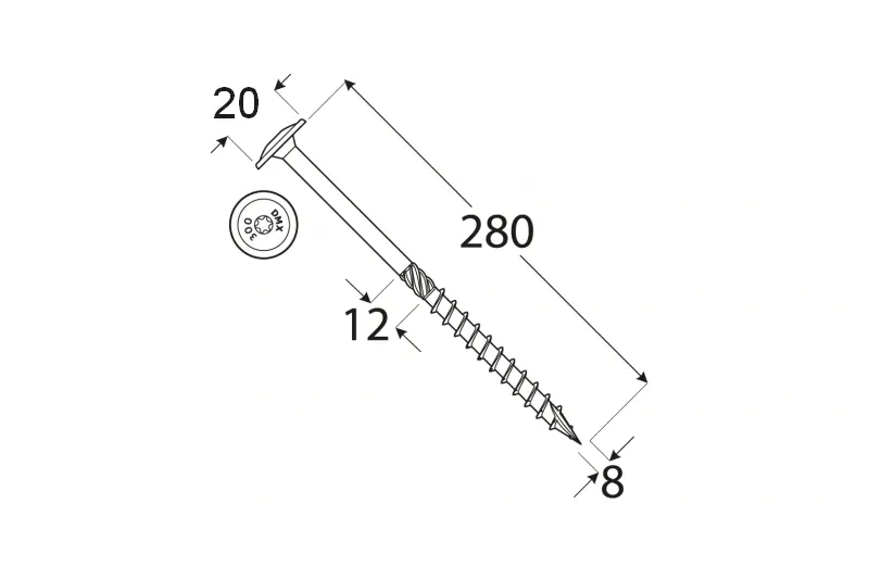 Konstrukční tesařský vrut BÍLÝ zinek 8x280 TORX T40 Zn TH talířová hlava (50 ks/bal)