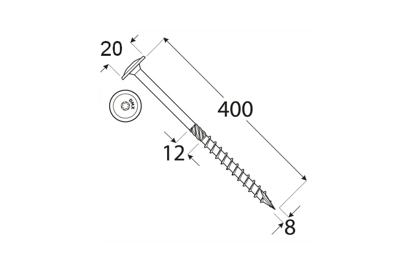 Konstrukční tesařský vrut BÍLÝ zinek 8x400 TORX T40 Zn TH talířová hlava (50 ks/bal)