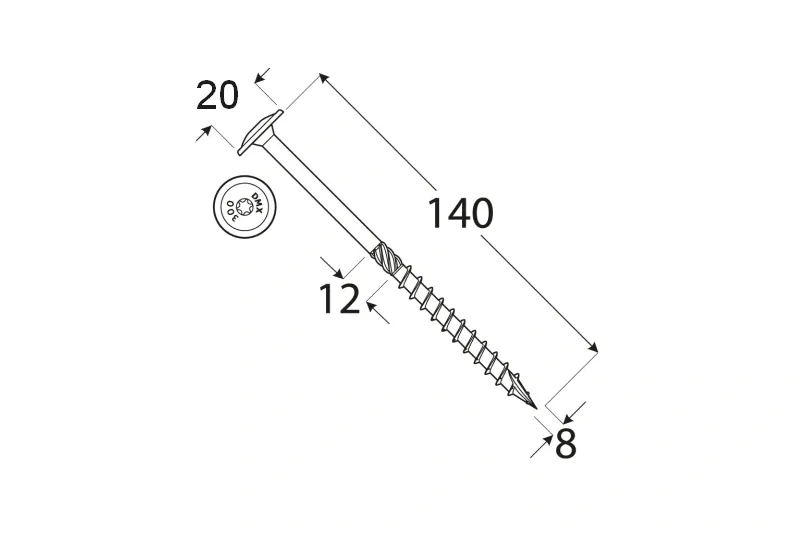 Konstrukční tesařský vrut BÍLÝ zinek 8x140 TORX T40 Zn TH talířová hlava (50 ks/bal)