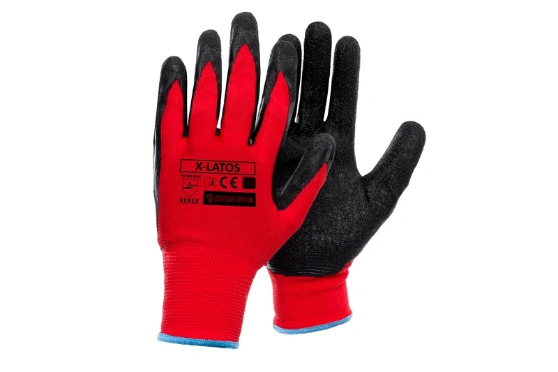 Červené pracovní ochranné rukavice X-LATOS vel. 7 (S) s latexovým povlakem