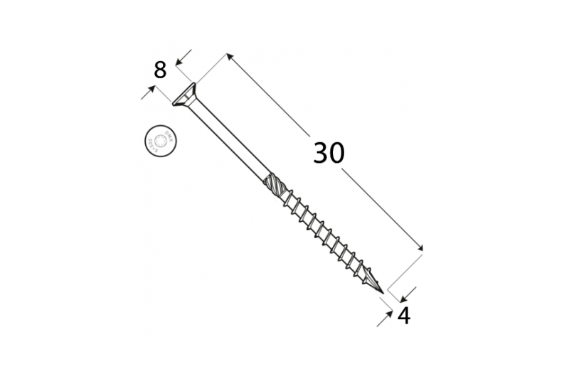 Konstrukční tesařský vrut BÍLÝ zinek 4x30 TORX T20 Zn ZH zápustná hlava (200 ks/bal)