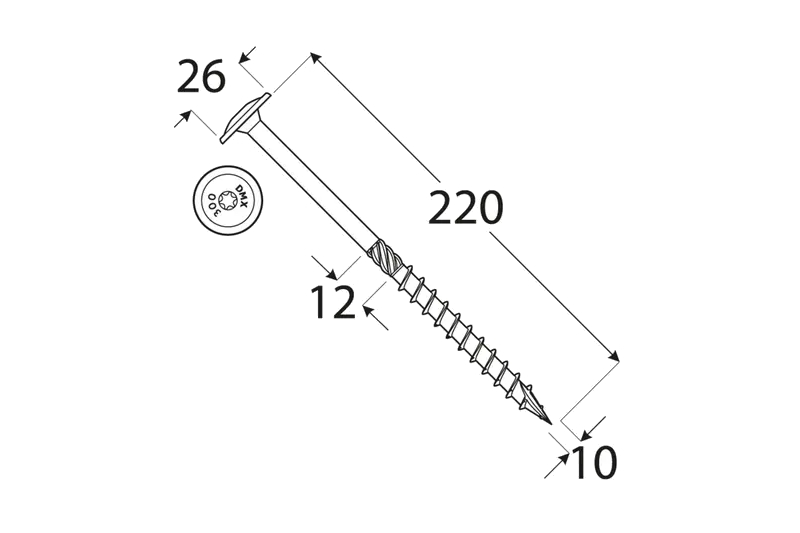 Konstrukční tesařský vrut 10x220 TORX T40 Zn TH talířová hlava (50 ks/bal)