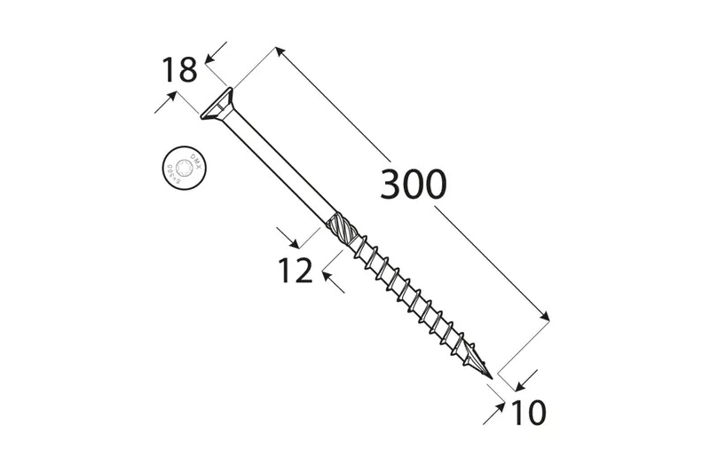 Konstrukční tesařský vrut 10x300 TORX T40 Zn ZH zápustná hlava (50 ks/bal)