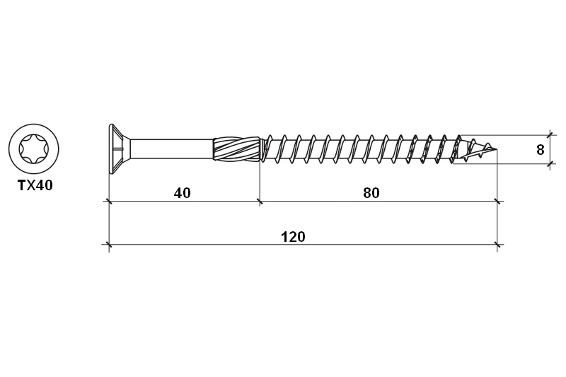 Konstrukční vrut do dřeva KLIMAS 8x120 TORX zápustná hlava TX40 žlutý Zn (50 ks v balení)