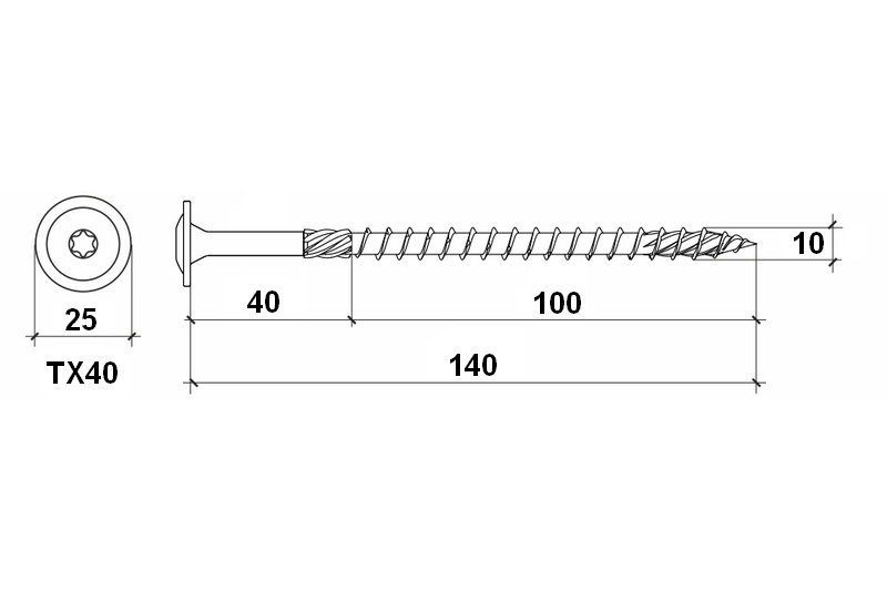 Konstrukční vrut do dřeva KLIMAS 10x140 TORX talířová hlava TX40 žlutý Zn (25 ks v balení)