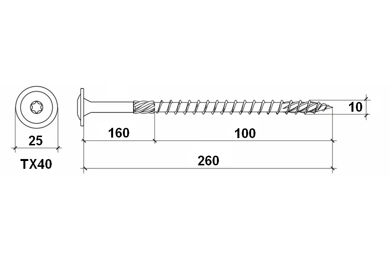 Konstrukční vrut do dřeva KLIMAS 10x260 TORX talířová hlava TX40 žlutý Zn (25 ks v balení)