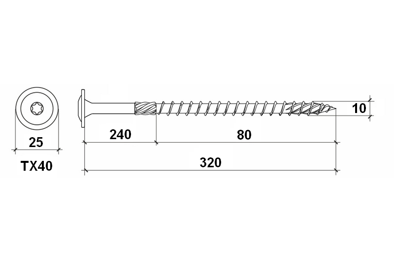 Konstrukční vrut do dřeva KLIMAS 10x320 TORX talířová hlava TX40 žlutý Zn (25 ks v balení)