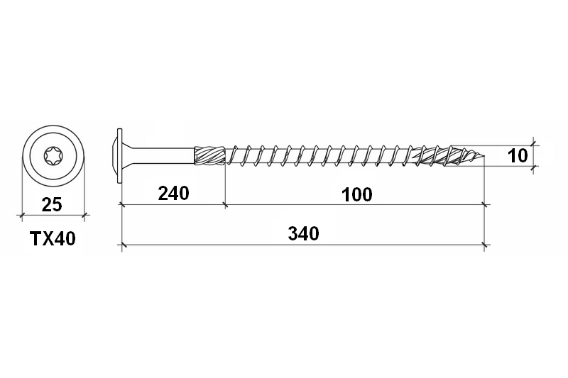 Konstrukční vrut do dřeva KLIMAS 10x340 TORX talířová hlava TX40 žlutý Zn (25 ks v balení)
