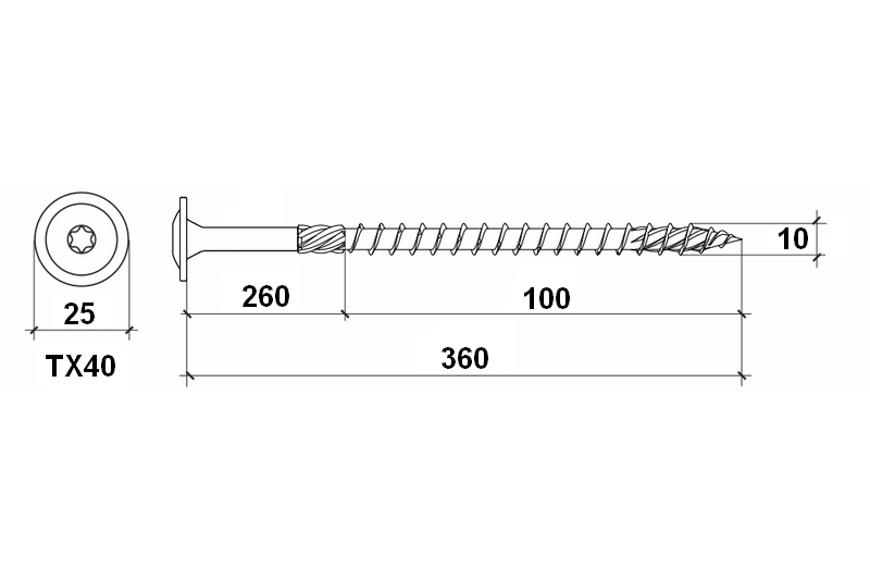 Konstrukční vrut do dřeva KLIMAS 10x360 TORX talířová hlava TX40 žlutý Zn (25 ks v balení)