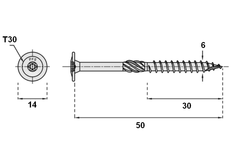 Konstrukční vrut PFS+ 6x50 talířová hlava TORX T30 černý Zn (100 ks v balení)