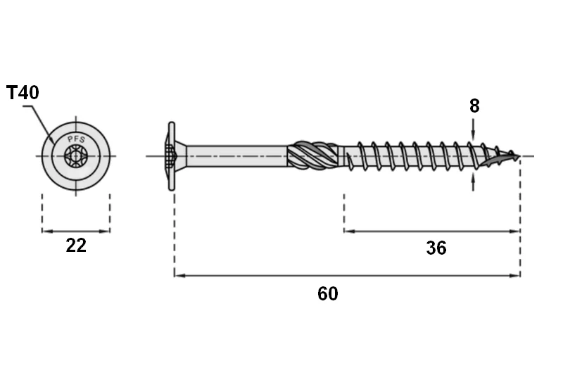 Konstrukční vrut PFS+ 8x60 talířová hlava TORX T40 černý Zn (50 ks v balení)