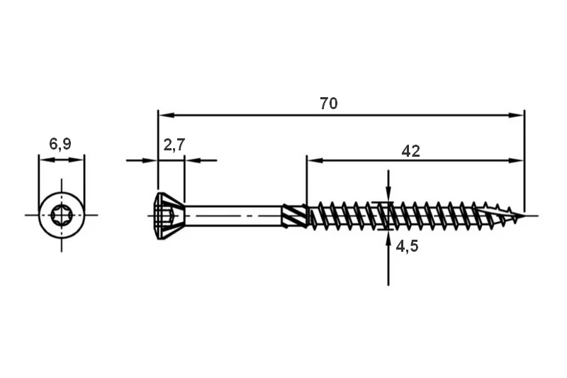 Terasový vrut 4,5x70 TORX T20 nerez A2 zápustná hlava (200 ks/bal)