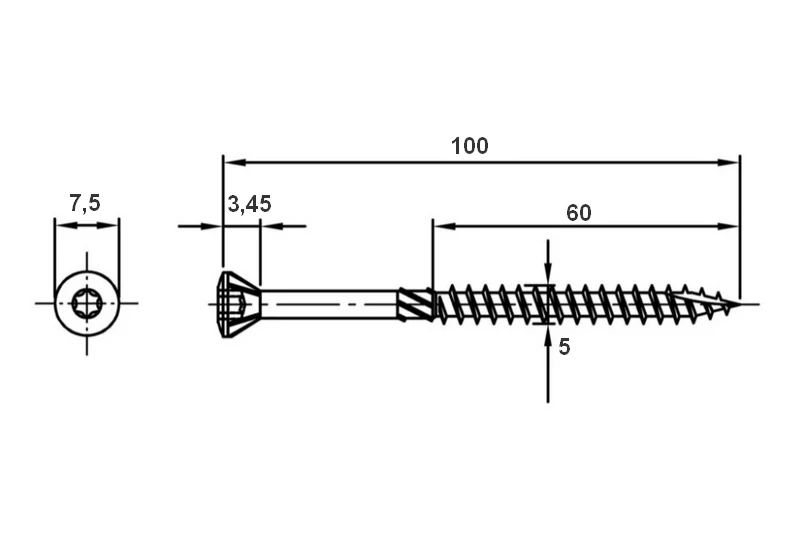 Terasový vrut 5x100 TORX T25 nerez A2 zápustná hlava (200 ks/bal)