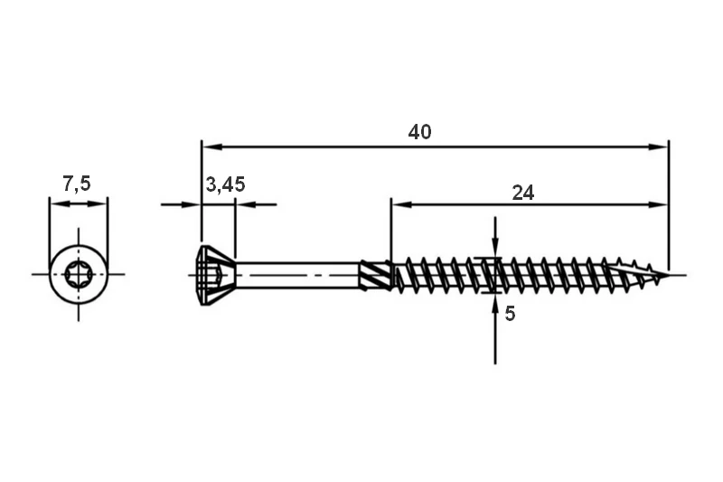 Terasový vrut 5x40 TORX T25 nerez A2 zápustná hlava (200 ks/bal)