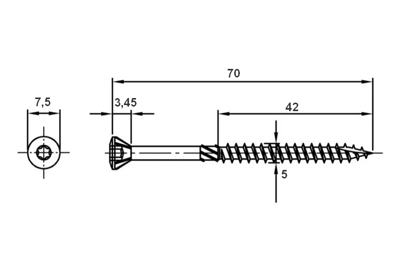 Terasový vrut 5x70 TORX T25 nerez A2 zápustná hlava (200 ks/bal)