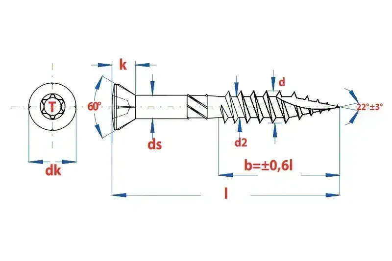 Terasový vrut 5x60 TORX T25 nerez C2 s redukovanou hlavou (200 ks/bal + BIT)