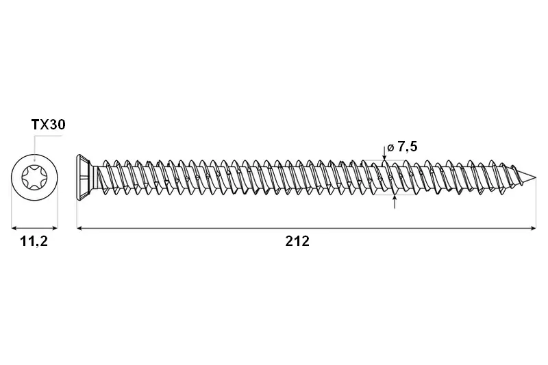 Kotevní turbošroub 7,5x212 TORX T30 stříbrný Zn zápustná hlava (100 ks/bal)