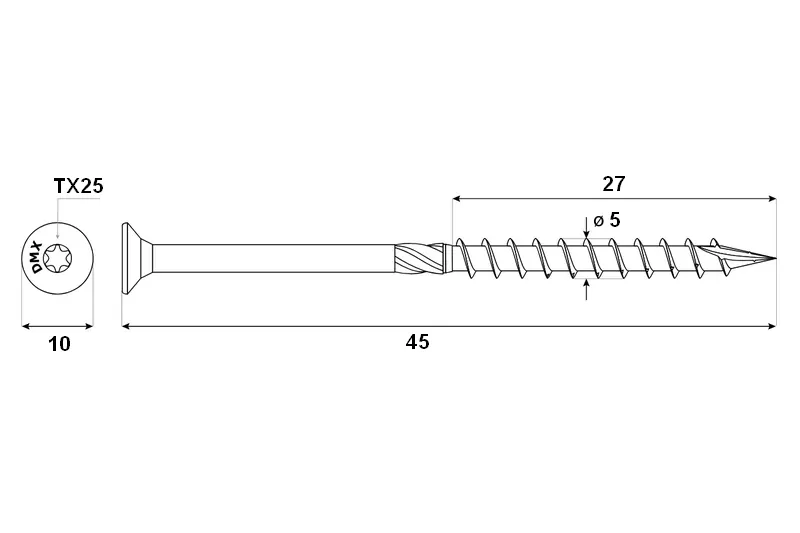 Konstrukční tesařský vrut 5x45 TORX T25 Zn ZH zápustná hlava (200 ks/bal)